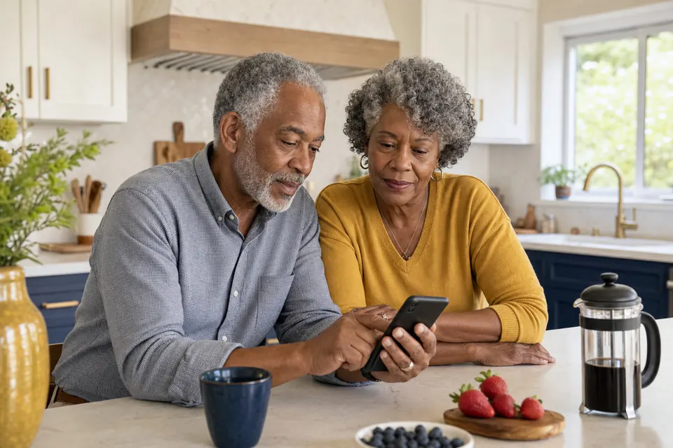 An older couple reviewing a phone together