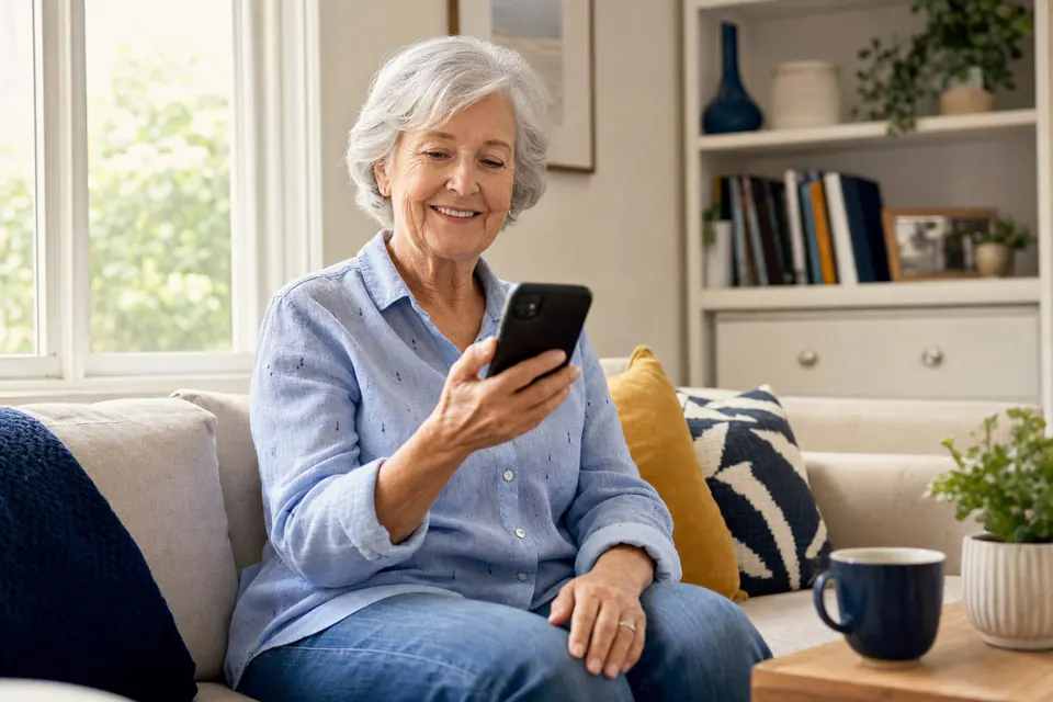 An older adult comfortably checking her phone at home